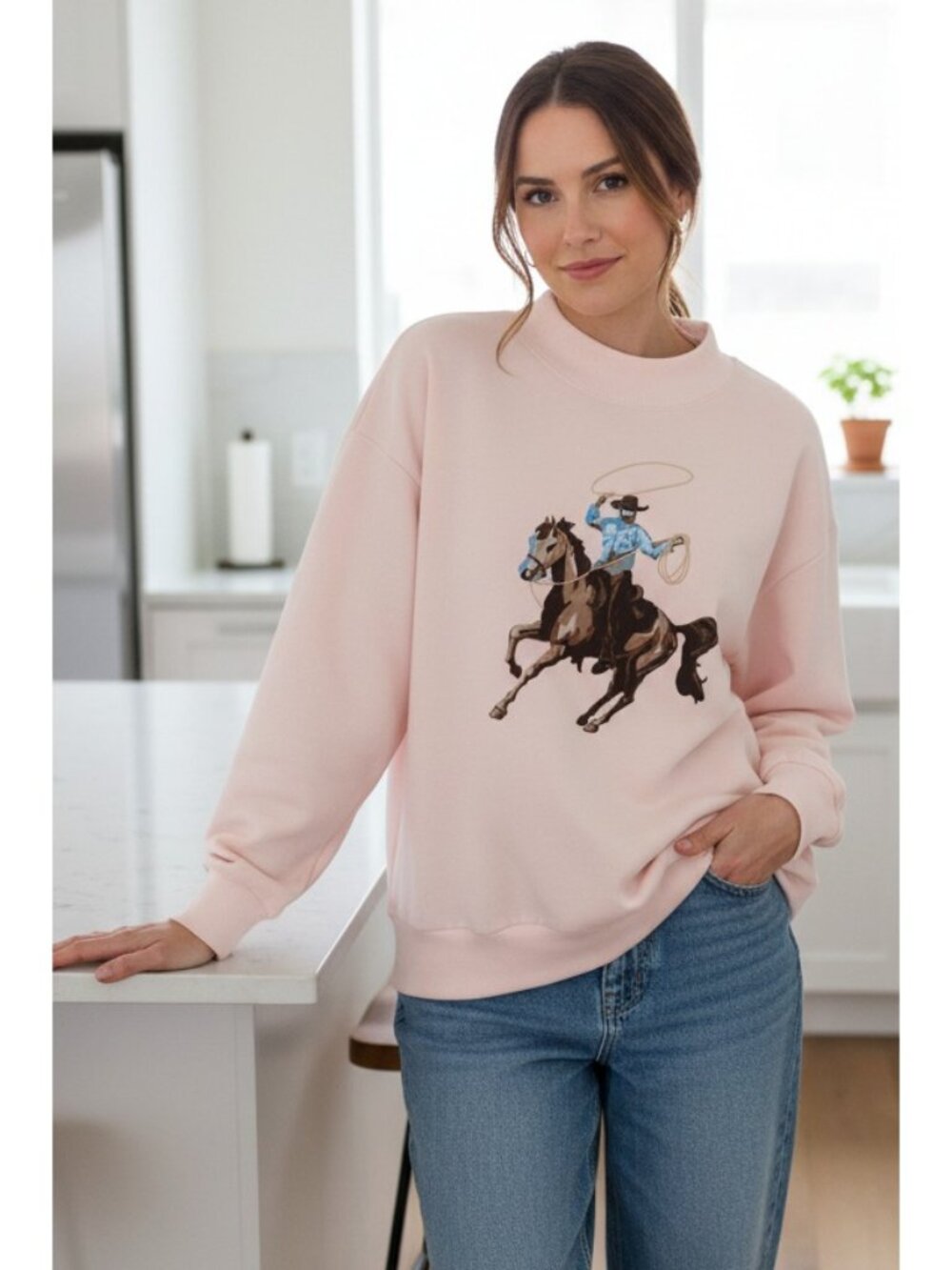 Western Cowboy Rodeo Mock Neck Sweatshirt Oversized Country Boxy Pullover Top